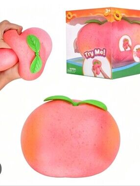 🍑Peach Squishy Stress Toy - Pink with Green Leaves. Y2K JUMBO Viral NWT🌞